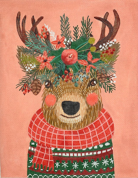 Christmas Squad Deer On Light Coral Needlepoint Canvas