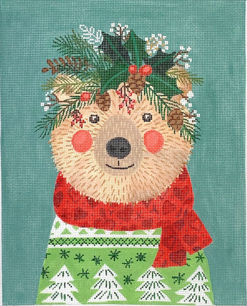 Kate Dickerson Needlepoint Collections Christmas Squad Bear On Sage Green Needlepoint Canvas