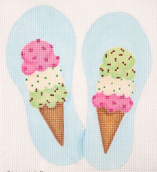 Kate Dickerson Needlepoint Collections Mini Flip Flop - Ice Cream Cones - Pinks, Greens & Tans on Sky Needlepoint Canvas
