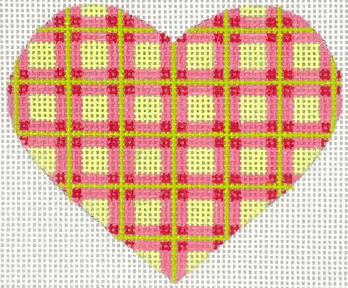 Kate Dickerson Needlepoint Collections Mini Heart - Madras Plaid - Pink, Watermelon & Limes Needlepoint Canvas