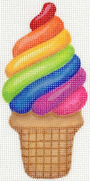 Kate Dickerson Needlepoint Collections Mini Sweet Treat - Rainbow Soft Serve Ice Cream In A Cake Cone Needlepoint Canvas