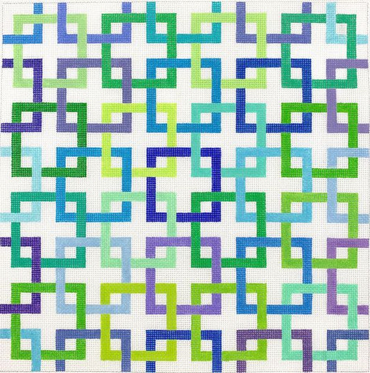 Kate Dickerson Needlepoint Collections Interlocking Squares - Blues & Greens on White Needlepoint Canvas