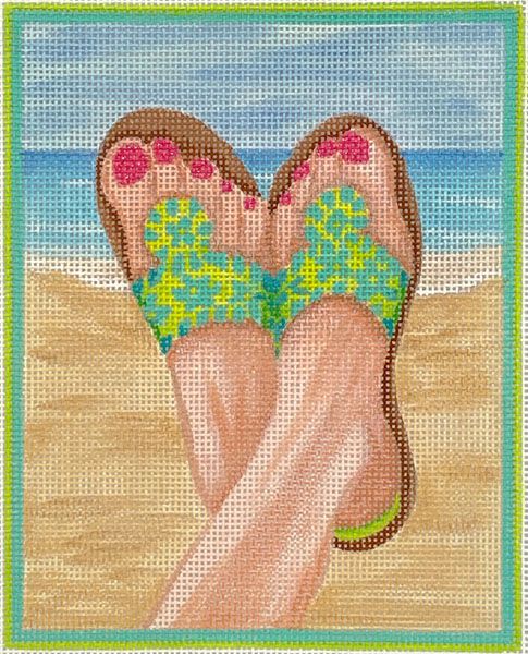 Kate Dickerson Needlepoint Collections Here’s Looking at Shoe - Jack Rogers Sandals - Lime with Turquoise Needlepoint Canvas