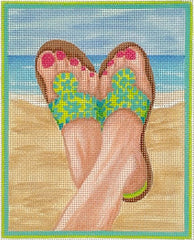 Kate Dickerson Needlepoint Collections Here’s Looking at Shoe - Jack Rogers Sandals - Lime with Turquoise Needlepoint Canvas