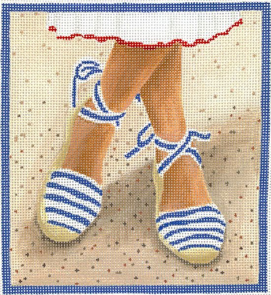 Kate Dickerson Needlepoint Collections Here’s Looking at Shoe - French Striped Espadrilles with Ankle Ties - French Blue & White Needlepoint Canvas