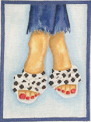 Kate Dickerson Needlepoint Collections Here’s Looking at Shoe - Polka Dot Open-Toe Slides with Bows - White with Black Needlepoint Canvas