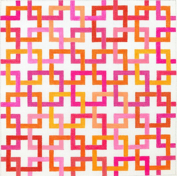 Kate Dickerson Needlepoint Collections Interlocking Squares - Pinks & Oranges on White Needlepoint Canvas