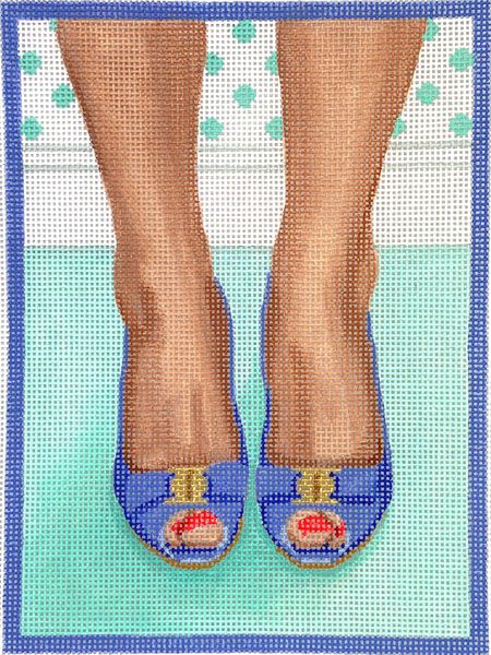 Kate Dickerson Needlepoint Collections Here's Looking at Shoe - Ferragamo Peep-Toe Heels - Periwinkle & Gold with Turquoise Needlepoint Canvas
