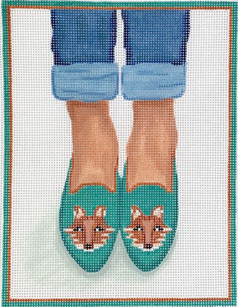 Kate Dickerson Needlepoint Collections Here’s Looking at Shoe - Needlepoint Fox Head Loafers - Tans on Teal Needlepoint Canvas