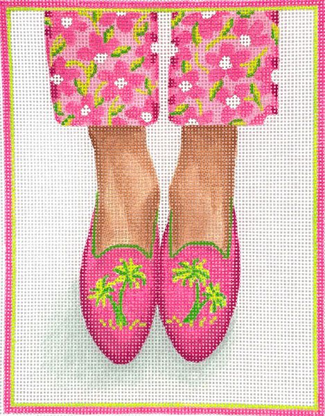 Kate Dickerson Needlepoint Collections Here’s Looking at Shoe - Needlepoint Palm Tree Loafers - Bright Pinks & Greens Needlepoint Canvas