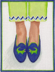 Kate Dickerson Needlepoint Collections Here’s Looking at Shoe - Needlepoint Gator Loafers - Greens on Navy Needlepoint Canvas