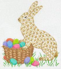 Kate Dickerson Needlepoint Collections Golden Fishnet Easter Bunny with Basket of Eggs Needlepoint Canvas