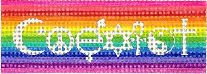 Kate Dickerson Needlepoint Collections Coexist International Symbols In Sparkly White Needlepoint Canvas