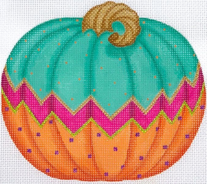 Kate Dickerson Needlepoint Collections Funky Punkin Stand-Up #1 - Turquoise, Fuchsia, Orange, Lime, Gold, Violet Needlepoint Canvas