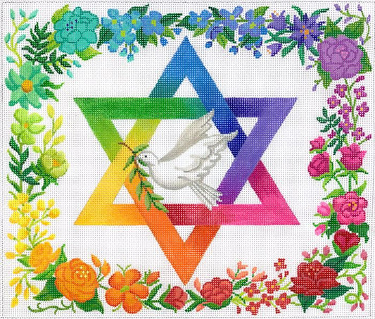 Kate Dickerson Needlepoint Collections Tallis Bag - Rainbow Floral Star of David with Dove - Multi on White Needlepoint Canvas