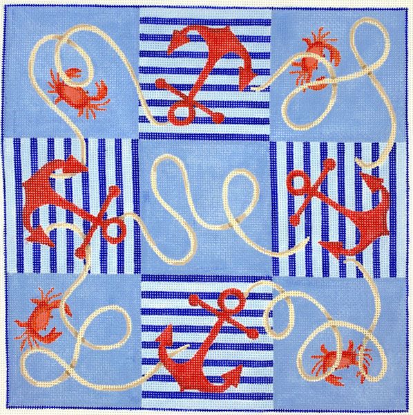 Kate Dickerson Needlepoint Collections Tic Tac Toe Board - Nautical Anchors And Rope with Crabs - Red, Blues & Tans Needlepoint Canvas