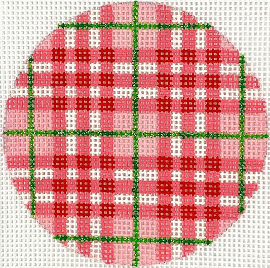 Kate Dickerson Needlepoint Collections Bright Disk Letter Christmas Plaid –Red & Watermelon Plaid with Green Lines Needlepoint Canvas
