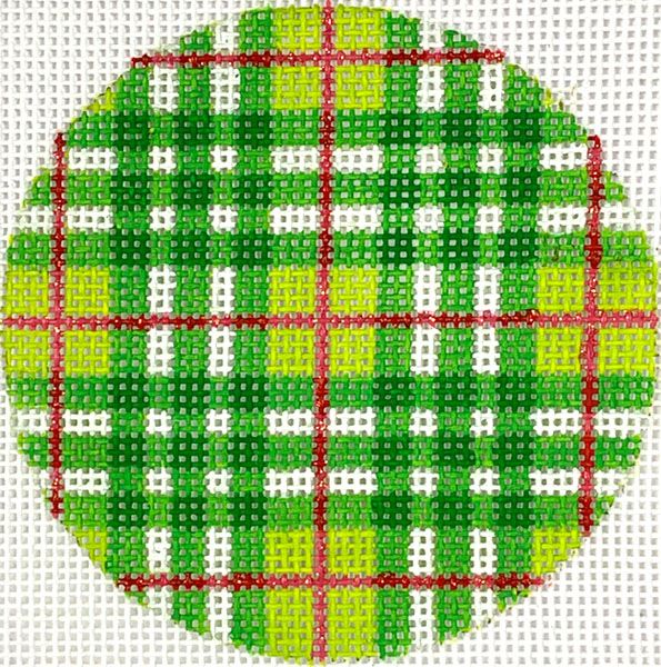 Kate Dickerson Needlepoint Collections Bright Disk Letter - Christmas Plaid - Green & Lime Plaid with Red Lines Needlepoint Canvas