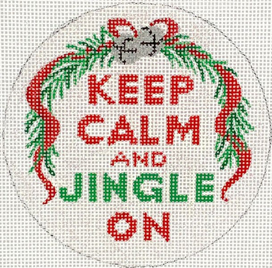 Kate Dickerson Needlepoint Collections Christmas Ornament & 4” Round - Keep Calm & Jingle On Needlepoint Canvas