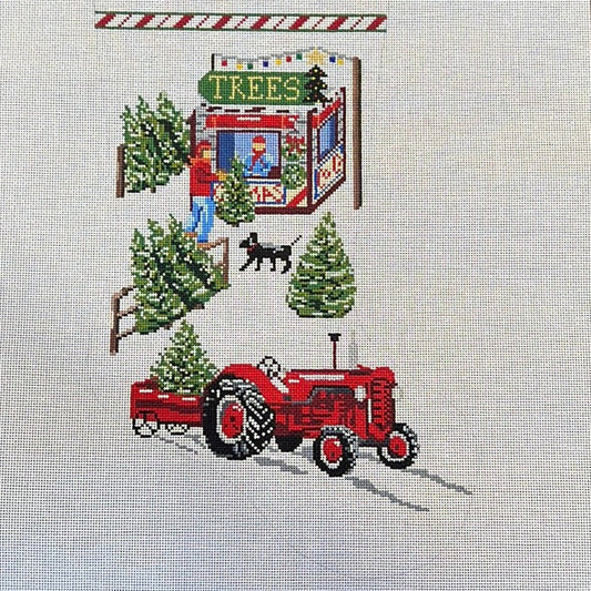 The Gingham Stitchery Amelia Bond Designs Tractor And Tree Lot Stocking Needlepoint Canvas