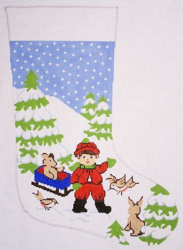 Silver Needle Boy w Sled Xmas Stocking Needlepoint Canvas