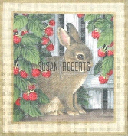 Susan Roberts Needlepoint Bunny in Raspberry Patch Pillow Needlepoint Canvas