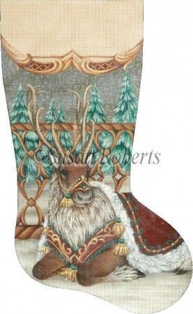 Liz Goodrick-Dillon Burgundy Reindeer Stocking Needlepoint Canvas