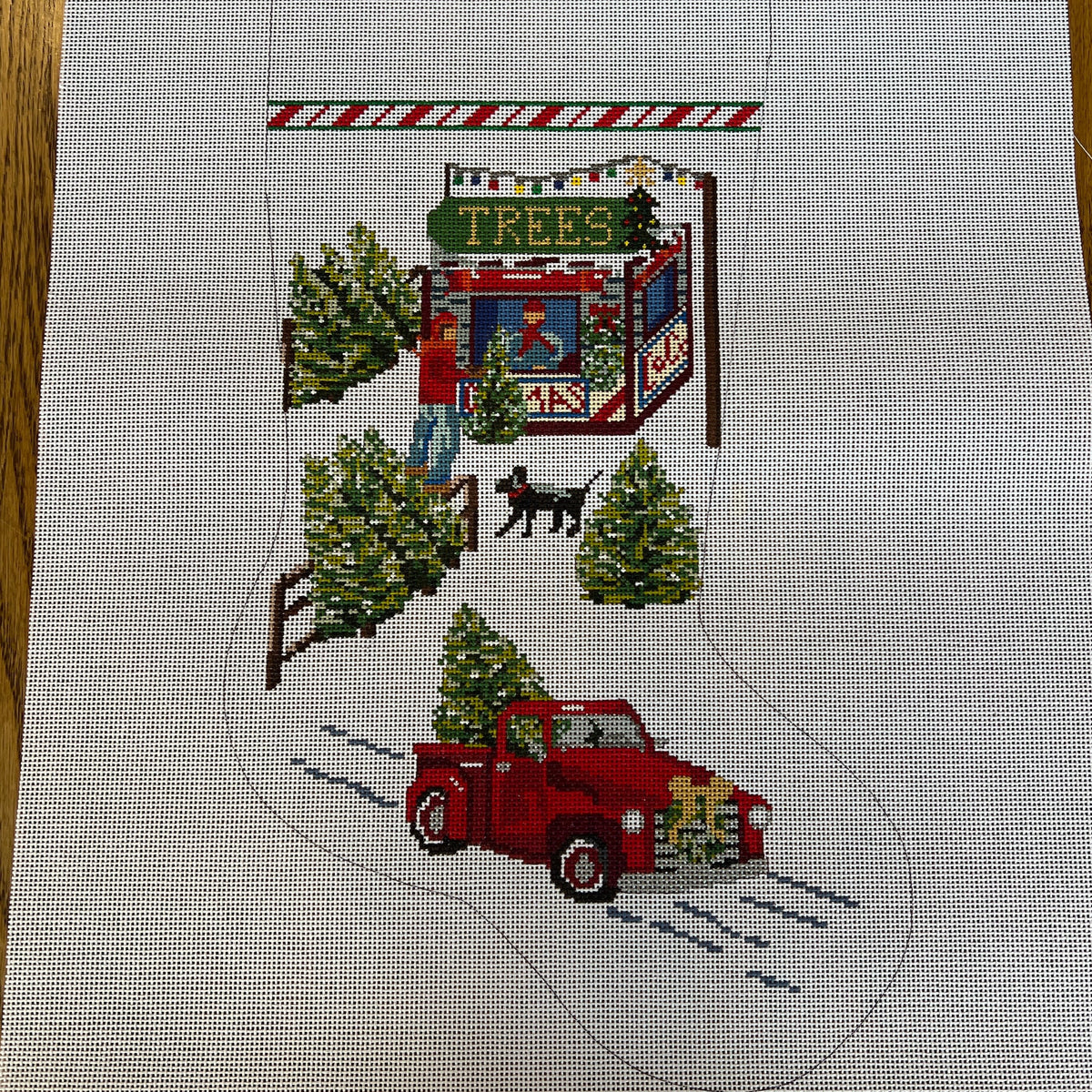 The Gingham Stitchery Amelia Bond Designs Truck And Tree Lot Stocking Needlepoint Canvas