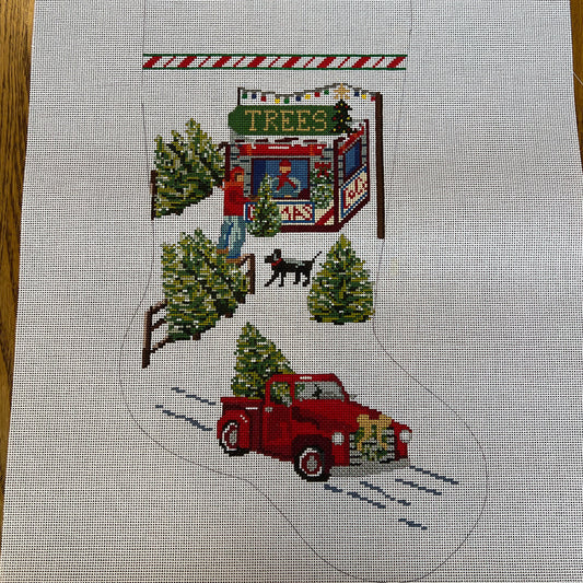 The Gingham Stitchery Amelia Bond Designs Truck And Tree Lot Stocking Needlepoint Canvas