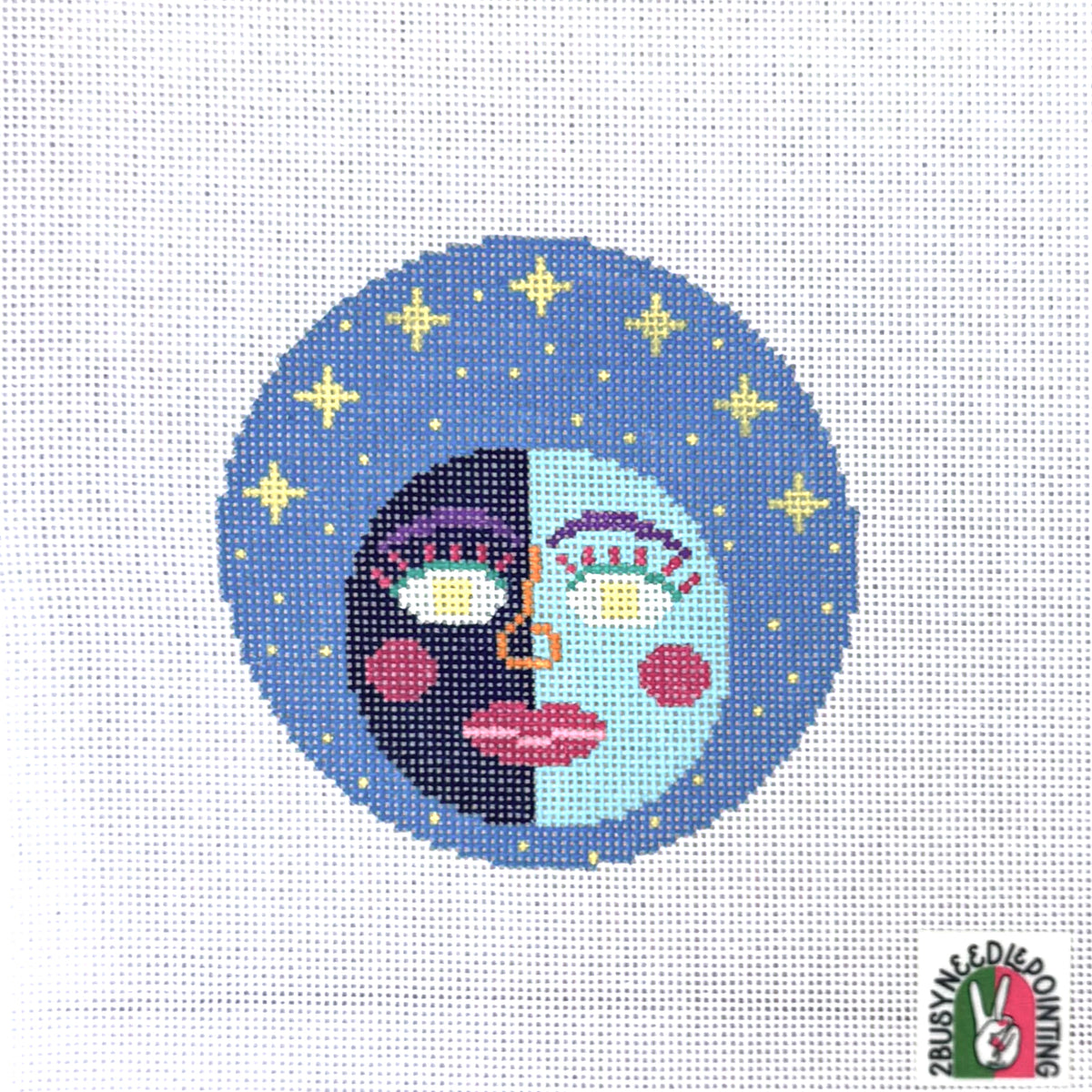 2 Busy Needlepointing Waxing Half Moon Needlepoint Canvas