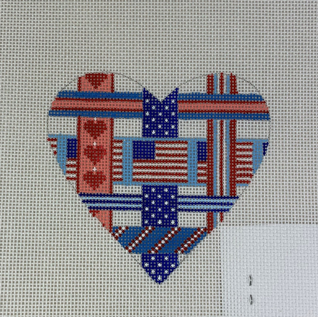 Kate Dickerson Needlepoint Collections Mini Heart Patriotic Woven Ribbons Red White and Blue Needlepoint Canvas