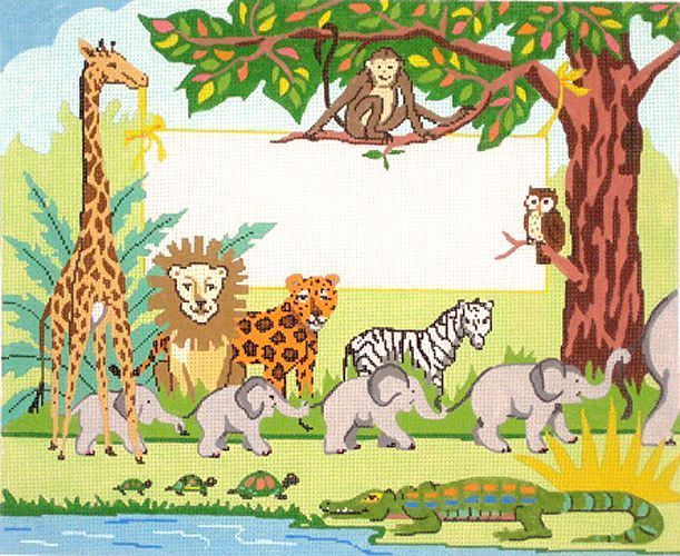 Barbara Russell Jungle Animals Birth Announcement Needlepoint Canvas