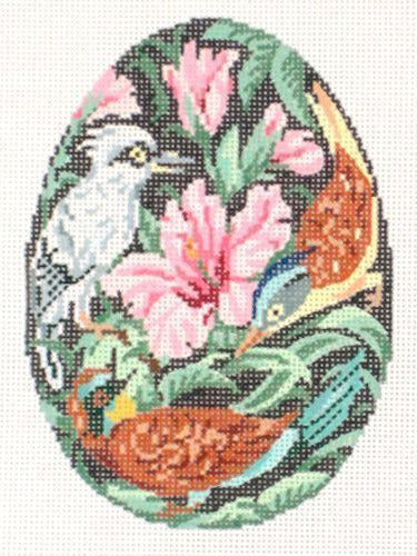 Barbara Russell Bird Medley with Hibiscus Flower Egg Needlepoint Canvas