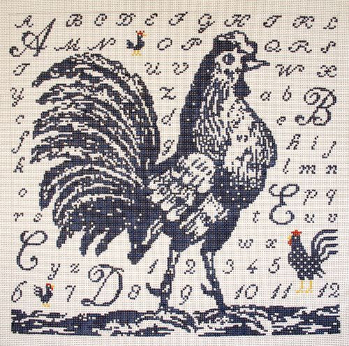 Birds of a Feather Toile Rooster Blue Needlepoint Canvas