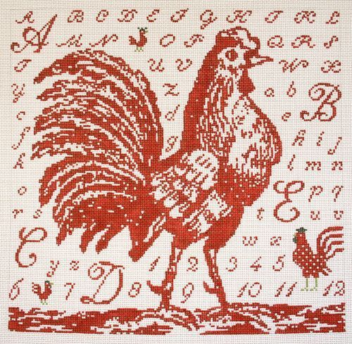 Birds of a Feather Toile Rooster Red Needlepoint Canvas