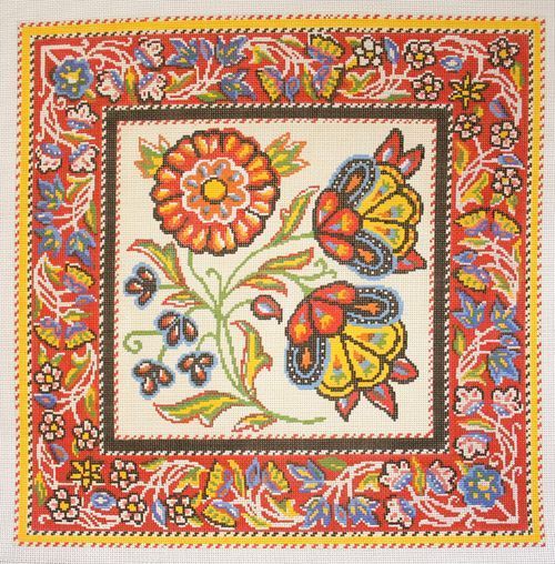 Birds of a Feather Peasant Print Red Needlepoint Canvas