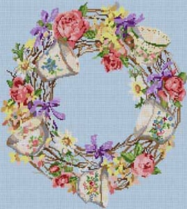 The Meredith Collection Treglown Designs Teacups Wreath Needlepoint Canvas