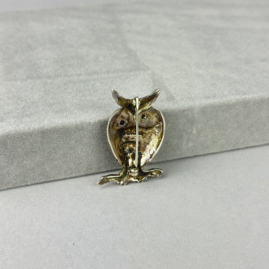 Vintage Sterling Silver Owl with Tiger's Eye Brooch