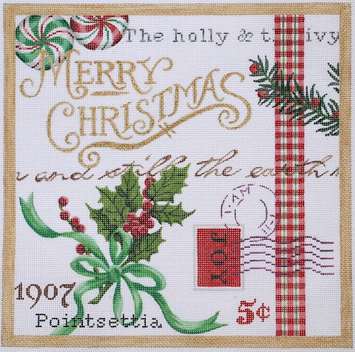 Kate Dickerson Needlepoint Collections Christmas Collage with Holly and Peppermints Needlepoint Canvas