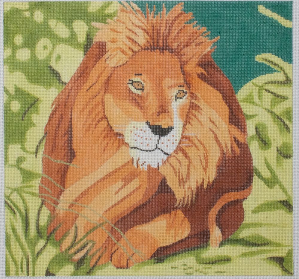 Barbara Russell Lion in Grass Needlepoint Canvas