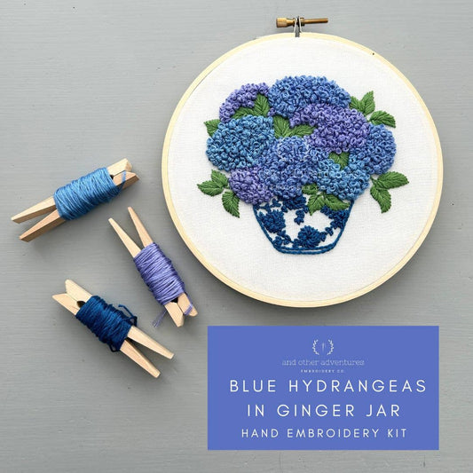And Other Adventures Embroidery Co Blue Hydrangeas in Ginger Jar Embroidery Kit