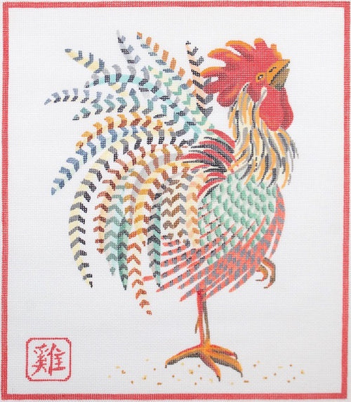 Kate Dickerson Needlepoint Collections Jack Dickerson Year Of The Rooster Painting with Chinese Character For Rooster In Lower Left Corner Needlepoint Canvas