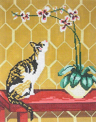 Needle Crossings Calico Cat with Orchid Needlepoint Canvas