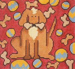 The Collection Designs Dog with Bone on Red Needlepoint Canvas