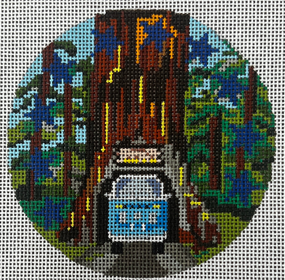 The Gingham Stitchery Amelia Bond Designs Redwood Forest Round Needlepoint Canvas