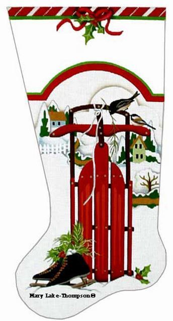 Melissa Shirley Designs Red Sled Sock Needlepoint Canvas