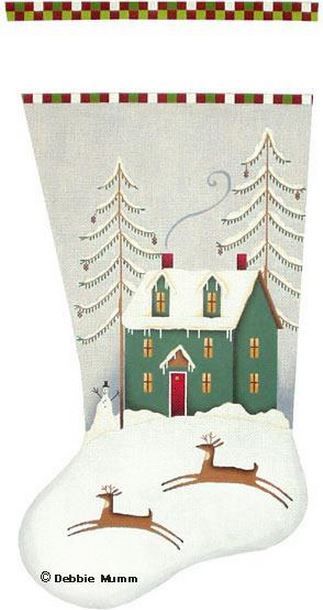 Melissa Shirley Designs Green Winter House Stocking Needlepoint Canvas