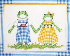 Kate Dickerson Needlepoint Collections Kelly Rightsell Boy Frog In Blue Gingham and Girl Frog In Yellow Gingham Needlepoint Canvas