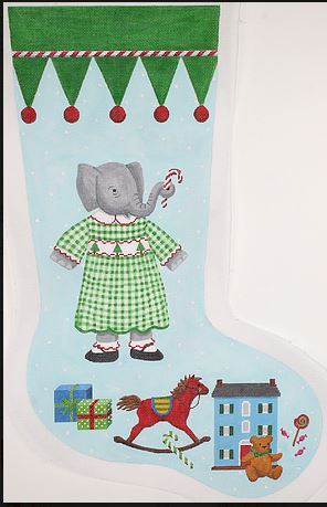 Kate Dickerson Needlepoint Collections Kelly Rightsell Stocking Elephant Girl In Green Checked Dress Needlepoint Canvas