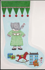 Kate Dickerson Needlepoint Collections Kelly Rightsell Stocking Elephant Girl In Green Checked Dress Needlepoint Canvas